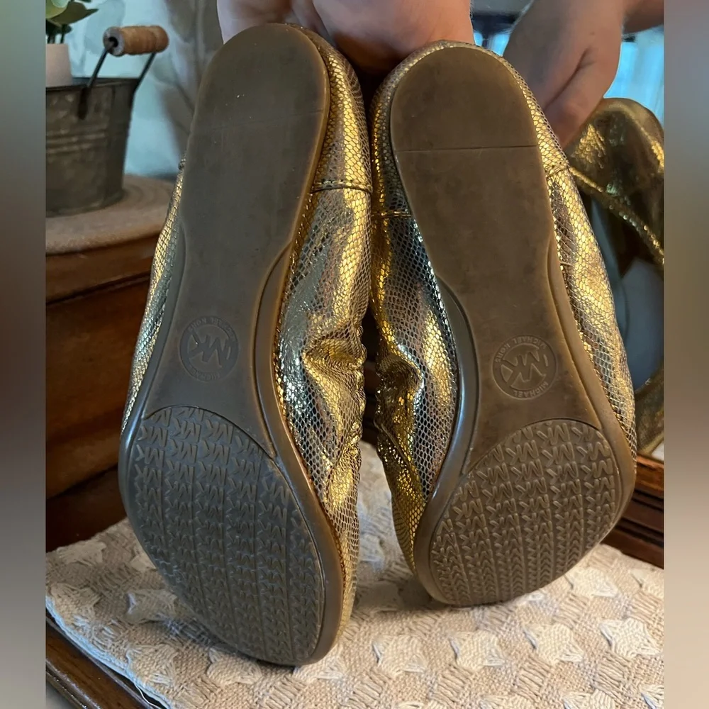 MICHAEL KORS Classic Fulton‎ Python Embossed Ballet Flats Gold Metallic Wms Sz 8
